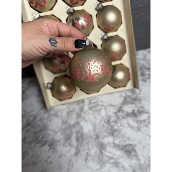 Vtg Shiny Brite Glass Ornaments Box 12 Stencil Glitter Solid Xmas USA READ - Picture 6 of 10